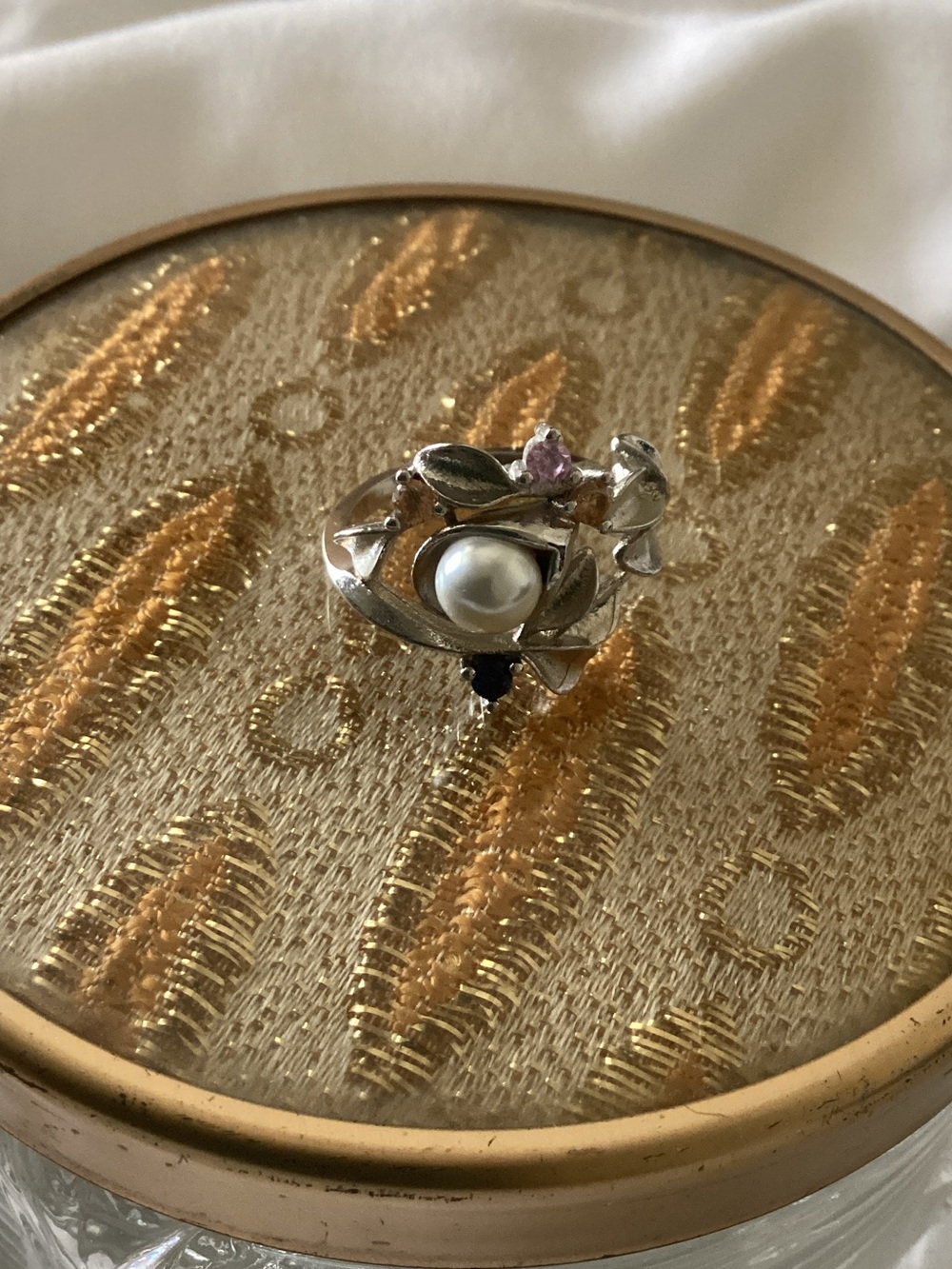 Sterling Silver Pearl Floral Ring with Blue and Purple Accent Stones - Picture 2 of 4